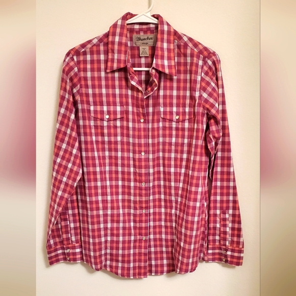 Wrangler Tops - Wrangler Women's Wrancher Pearl Snap Button Up Pink Plaid Top Size Medium Rodeo